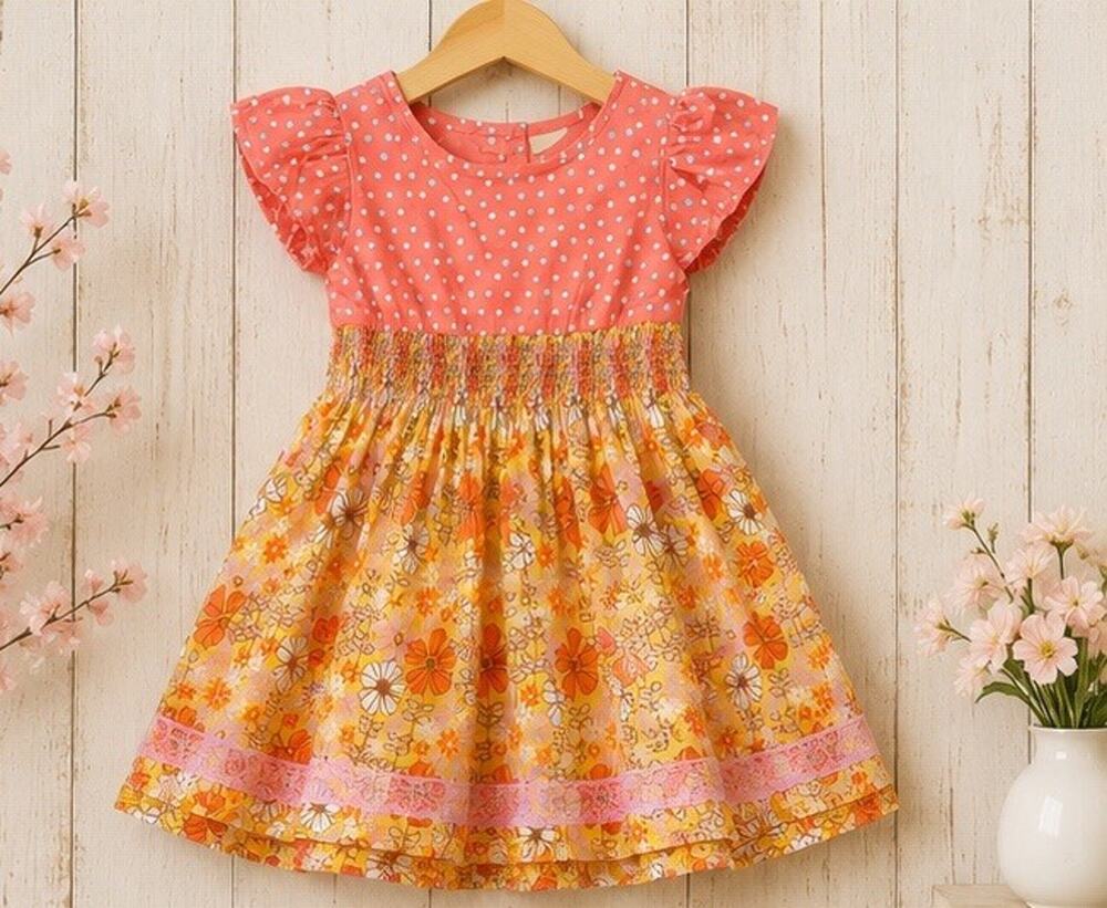 Matilda Jane Boho Dress Flowers Lace Polka Dots 3-6 Months EUC Salmon Yellow